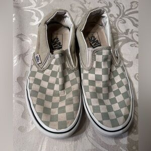 Vans Green and Cream Checkered Slip-Ons